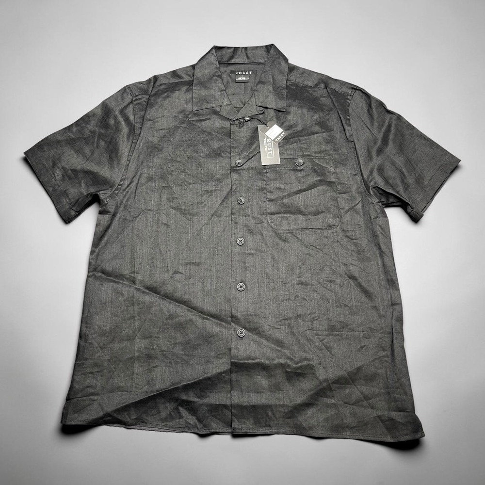 NEW Trust Mens Black 100% Linen Short Sleeve Camp Collar Beach Summer Shirt (L)